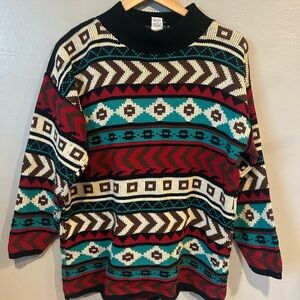 Vintage Tribal Patterned Women's Sweater - Red, Teal, Black 100% Acrylic